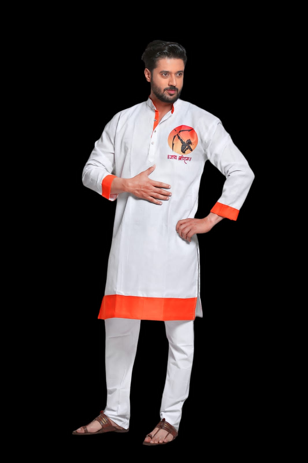 Picture of White Kurta with Printed "Jay Shree Ram" Logo